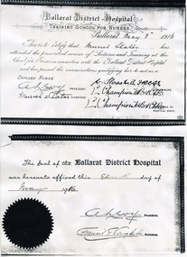 Muriel Slater, 3rd May 1916, Certificate on Completion of Nurse Training, Ballarat District Hospital
