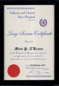 Sr P O'Keane, Long Service Certificate - in Frame