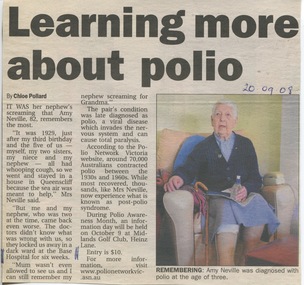 Ballarat Courier, 20 Sep 2008 - Polio Reflection by Amy Neville, diagnosed when 3 years old