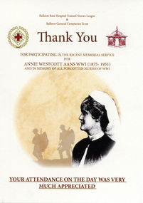 Annie Westcott, trained BBH Jan 1899 to Jan 1902, WW1 nurse, buried Ballarat Old Cemetery - Commemorative Service