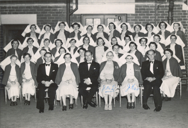 10th Annual Graduation - Front L-R: Mr A.E. Miller (Manager), Sr J. Harris (Tutor), Dr J. H. Lindell, Matron Langham, Deputy Matron Sr Beverley, Dr J.C. Dick (Medical Superintendent)