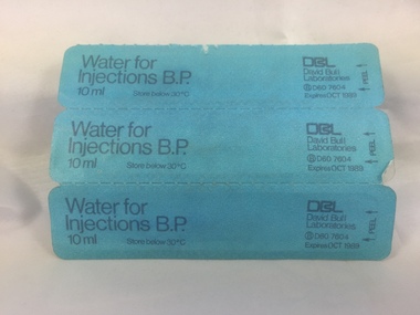5 x Water for Injections BP 10ml, DBL David Bull Laboratories, Expres Oct 1989