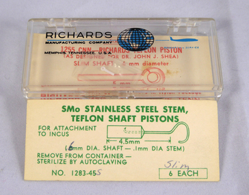 1255 CHH - Richards Teflon Piston, 5mm, Slim Shaft  .6mm Diameter, Richards Manufacturing Co, Memphis Tennessee, in Case with Description Card