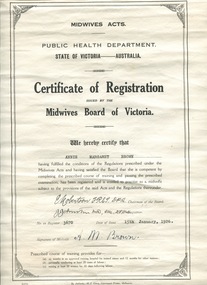 Miss A M Brown, Certificate of Registration, Midwives Board of Victoria, 15th Jan 1926 - Matron 1929-1933, Ballarat Base Hospital