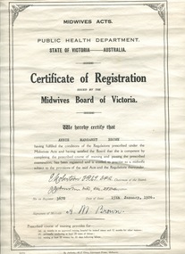 Miss A M Brown, Certificate of Registration, Midwives Board of Victoria, 15th Jan 1926 - Matron 1929-1933, Ballarat Base Hospital