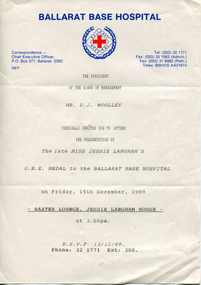 Matron Jessie Langham (late), presentation of her O.B.E. Medal to the Ballarat Base Hospital, 15th December 1989