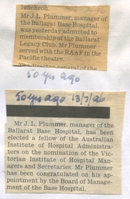 Ballarat Courier - Mr J.L. Plummer, manager Ballarat Base Hospital - elected fellow of the Australian Institute of Hospital Administration, 1946