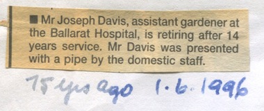 Ballarat Courier - Joseph Davis, assistant gardener, Ballarat Hospital, retirement, 1921