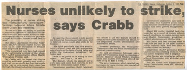 Ballarat Courier - 9th Oct 1985 - Industrial action - "Nurses unlikely to strike" says Crabb!