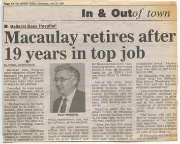 Ballarat Courier - Ballarat Base Hospital CEO - Macaulay retires & Kirk appointed, 1994
