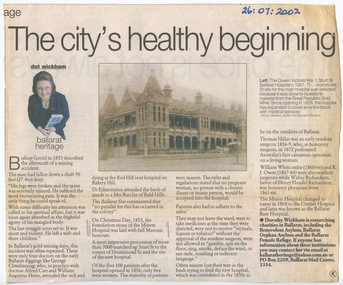 Ballarat Courier - "The City's Healthy Beginning" - early history Ballarat Base Hospital by Dot Wickham