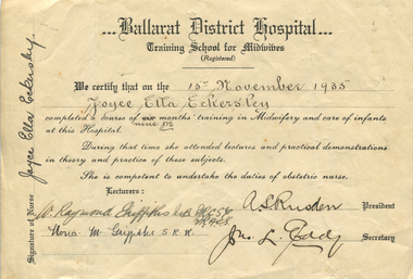 Joyce Ella Eckersley, Midwifery Certificate, November 1935