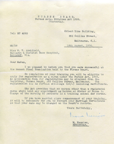 Wanda Archibald, Midwifery, Letters from Nurses Board & Professional Services Office, August 1954