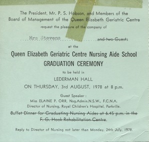 16th Nursing Aide Graduation Ceremomy - 3rd August 1978. Invitation & Program. List of Ivy May Dicker Award