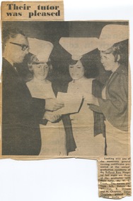 Fream Collection - Graduation, 5th May 1967 - Mr Fream with graduates Gwenda Wheaton, Ruth Skewes, & Margaret Chaplain - highest marks in State