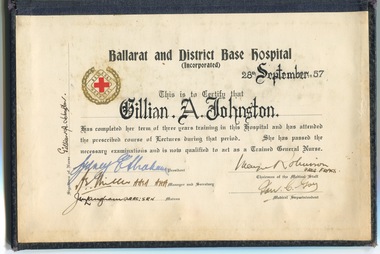 Gillian Bartlett (nee Johnston), Trained BBH 1954-1957, Nursing Certificates