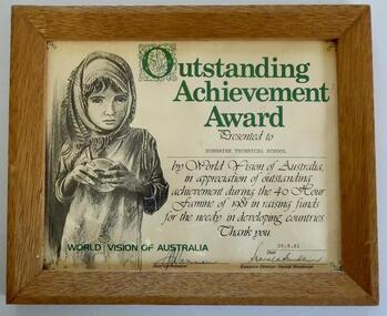 Certificate - Sunshine Techncial School - World Vision Of Australia Outstanding Achievement Award Certificate, World Vision of Australia, 30/09/1981