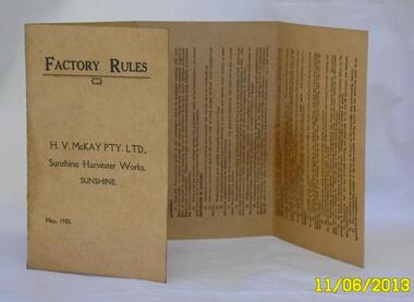Booklet - H.V. McKay Pty Ltd Sunshine Harvester Works Sunshine Factory Rules May 1926, Possibly 1926