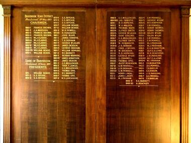 Honour Board - "Braybrook Road District. Proclaimed 28th May 1860. Chairmen 1860-1871. Shire of Braybrook. Proclaimed 23 Jan'y 1871. Presidents 1871-1950.", Unveiled 15 March 1940