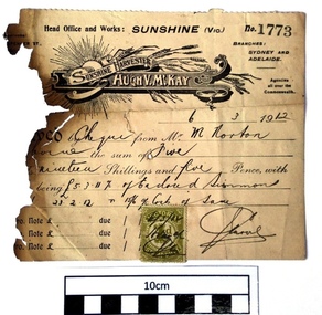 Administrative record - Sunshine Harvester Works Hugh McKay Receipt of Cheque from Mr M Norton 6 March 1912, 6 March 1912