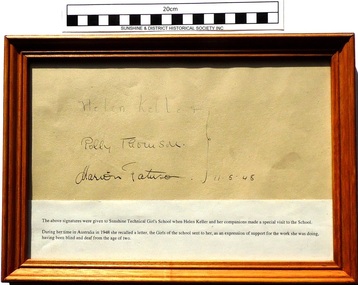 Document (1948), Helen Keller, Polly Thomson, Marion Fatuson, Signatures of Helen Keller, and her companions Polly Thomson and Marion Fatuson, 1948