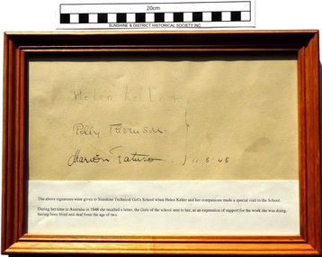 Memorabilia - Signature of Hellen Keller, Helen Keller, Polly Thomson, Marion Fatuson, 1948