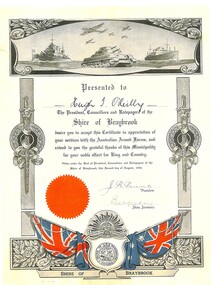 Certificate - Presented to Hugh T OReilly The President Councillors and Ratepayers of the Shire of Braybrook desire you to accept this Certificate in appreciation of your services with the Australian Armed Forces, Photocopy made 29/09/2015, Original made in 1946