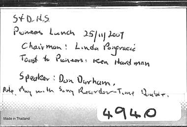 Audio - Sunshine And District Pioneers Lunch 2007 Audio Tape, 25/11/2007