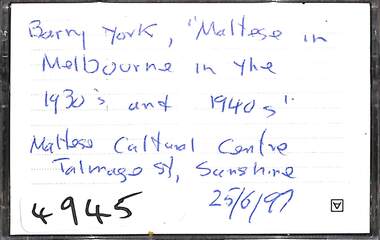 Audio - Barry York Talks About Maltese in Melbourne in the 1930s and 1940s Audio Tape, 25/6/1997