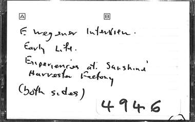 Audio - Eric Wegener Interview Early Life Experiences at Sunshine Harvester Factory Audio Tape, 15/4/1997