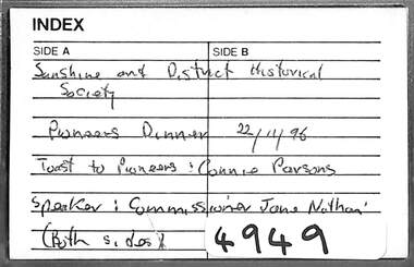 Audio - Sunshine And District Pioneers Dinner 1996 Audio Tape, 22/11/1996