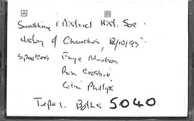 Audio - History Of Churches Audio Tape, Sunshine & District Community Hospital, 12/10/1995