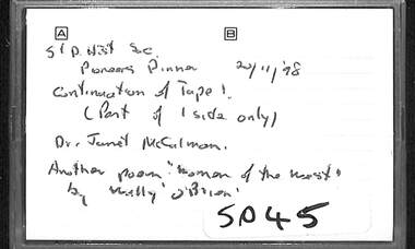 Audio - Sunshine And District Pioneers Dinner 1998 Audio Tape, Guest speaker Dr Janet McCalman, 20/11/1998