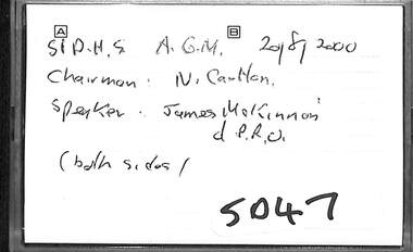 Audio - Sunshine and District Historical Society Annual General Meeting 2000 Audio Tape, Guest speaker James McKinnon, 20/8/2000