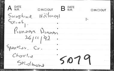 Audio - Sunshine and District Historical Society Pioneers Dinner 1992 Audio Tape, Guest speaker Mr Charlie Skidmore, 26/11/1992