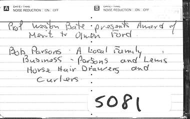 Audio - Professor Weston Bate presentation of Award of Merit to Olwen Ford Audio Tape, Guest speaker Bob Parsons 'A local business Parsons and Lewis Horse Hair drawers and cups, 10/3/1994