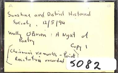 Audio - Sunshine And District Society Wally O'Brien A Night Of Poetry Audio Tape, 12/5/1994