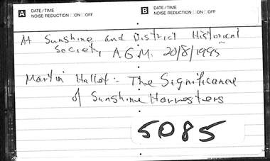Audio - Sunshine and District Historical Society Annual General Meeting 1995 Audio Tape, 20/8/1995