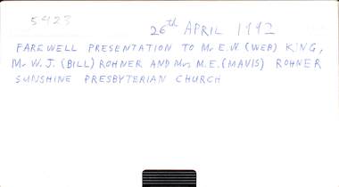 Film - Sunshine Presbyterian Church Farewell To E.W. King and W.J. and M.E. Rohner Video