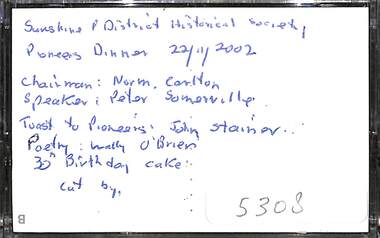 Audio - Sunshine And District Pioneers Dinner 2002 Audio Tape, Sunshine and District Historical Society Inc, 6th August 2002