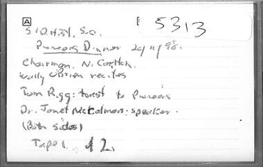 Audio - Sunshine And District Historical Society Pioneers Dinner 1998 Audio Tape, Guest speakers Wally O'Brien, Tom Rigg, Dr Janet McCalmon