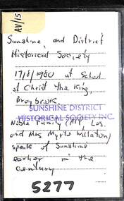 Archive - Sunshine In The Early 20th Century Audio Tape, Sunshine and District Historical Society Inc, 17th August 1980