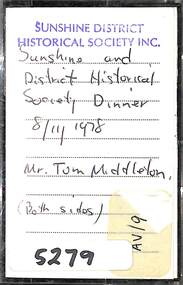 Archive - Sunshine And District Pioneers Dinner 1978 Audio Tape, Sunshine and District Historical Society Inc, 8th November 1978