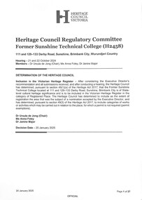 Document - Heritage Council Of Victoria Former Sunshine Technical College Determination 2025, Heritage Victoria, 20th January 2025