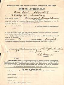 Administrative record - Air Raid Warden Eric Edwin Wegenger Form of Attestation, 1942