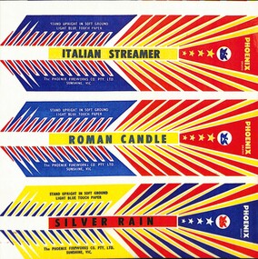 Ephemera - Phoenix Fireworks Multi coloured fireworks labels, 1960