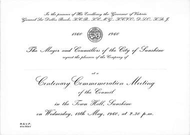 Ephemera - City Of Sunshine Invitation To Council's Centenary Commemorative Meeting, 1960
