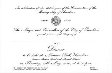 Ephemera - 100 years of the Consititution of the Municipality of Sunshine Invitation Card To Mariana Hall, 1960