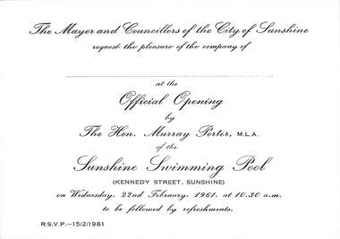 Ephemera - Opening of Sunshine swimming pool invitation card, 1961