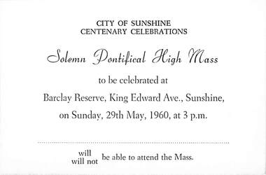 Ephemera - Reply cards to Solemn High Mass invitation City of Sunshine Centenary Celebrations, 1960